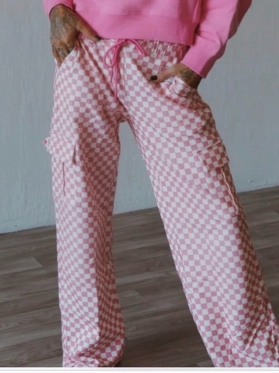 Salty Honey Pants - Pink Checker Cargo Wide-Leg Pants
